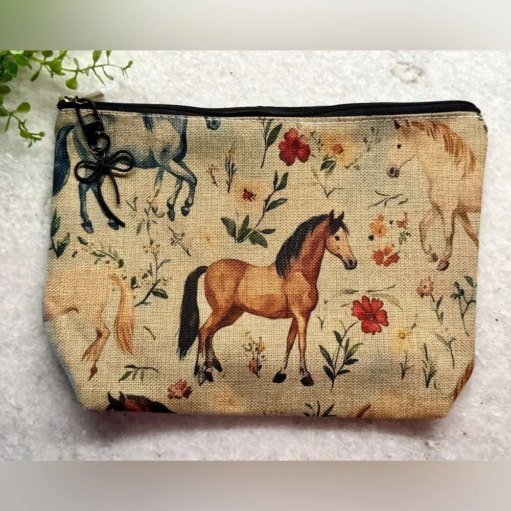 New Horses & Flowers Makeup Cosmetic Tech Pencil Zippered Bag w/ Bow Charm - 10”